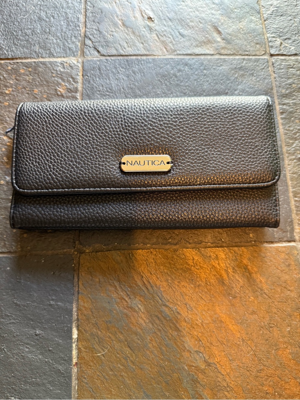 Nautica Black Pebbled Flap Wallet with Metal Logo